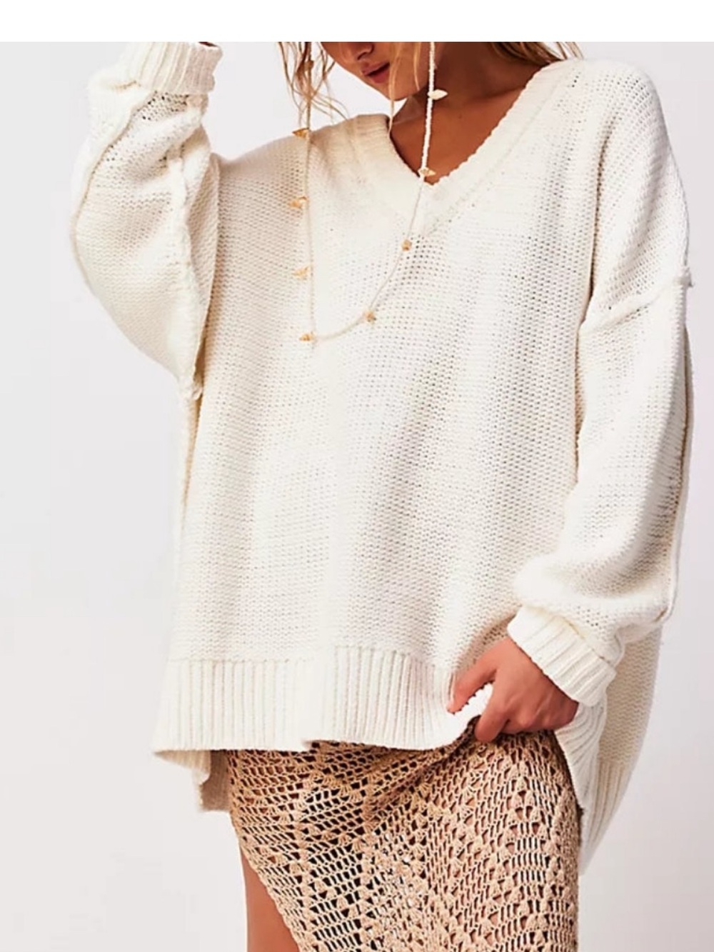 Free People Alli V-Neck Sweater Size Small Optic White Heavy Knit Oversized Boho